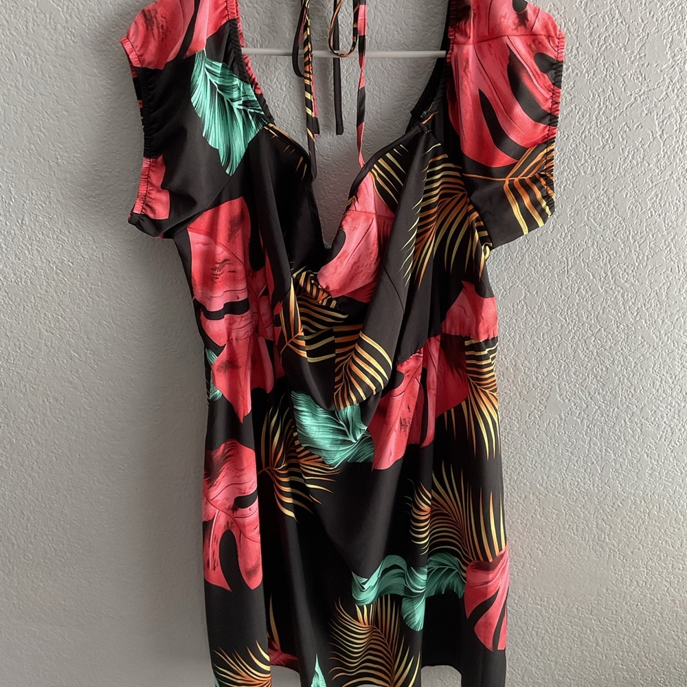 Tropical Print Dress with Tie Straps